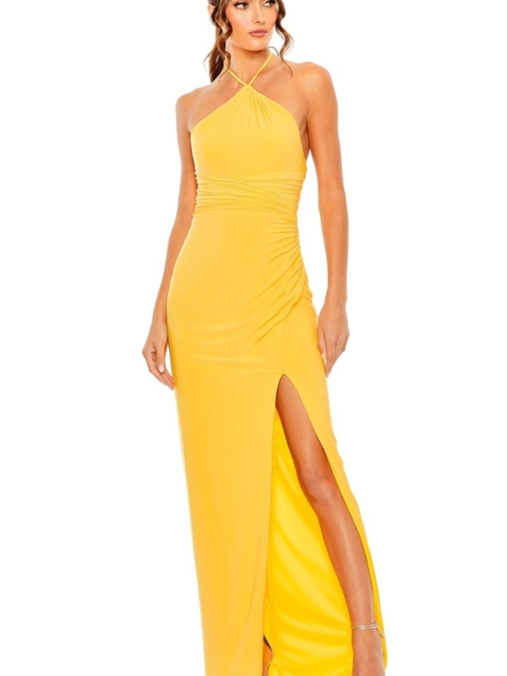Mac Duggal Yellow Halter Ruched Maxi Gown with High Slit